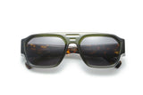 Drift Sunglasses, dark green oversized aviator sunglasses with grey polarized lens - folded front view on white background