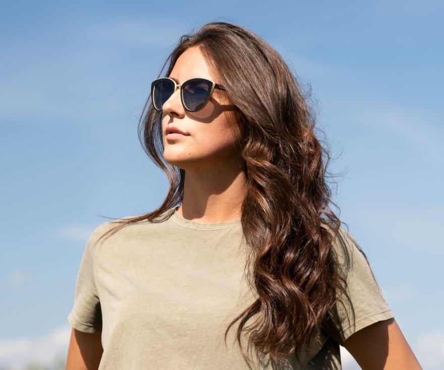 Woman wearing Kraywoods Willow, Bamboo Cat Eye Sunglasses Featuring 100% UV Protection, Polarized Lenses