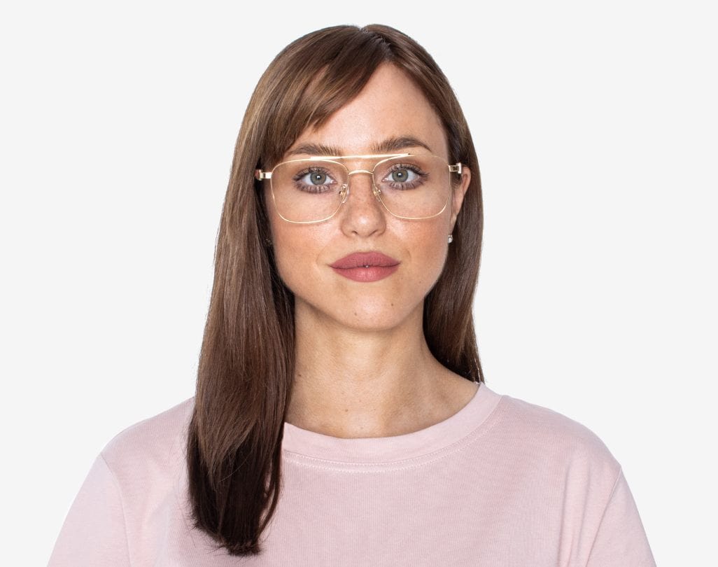 Woman wearing Drive Gold - Retro Square Eyeglasses in Gold Metal