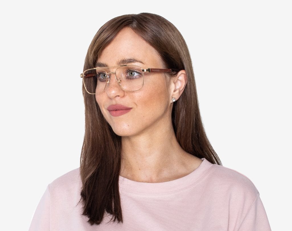 Woman wearing Drive Gold - Retro Square Eyeglasses in Gold Metal