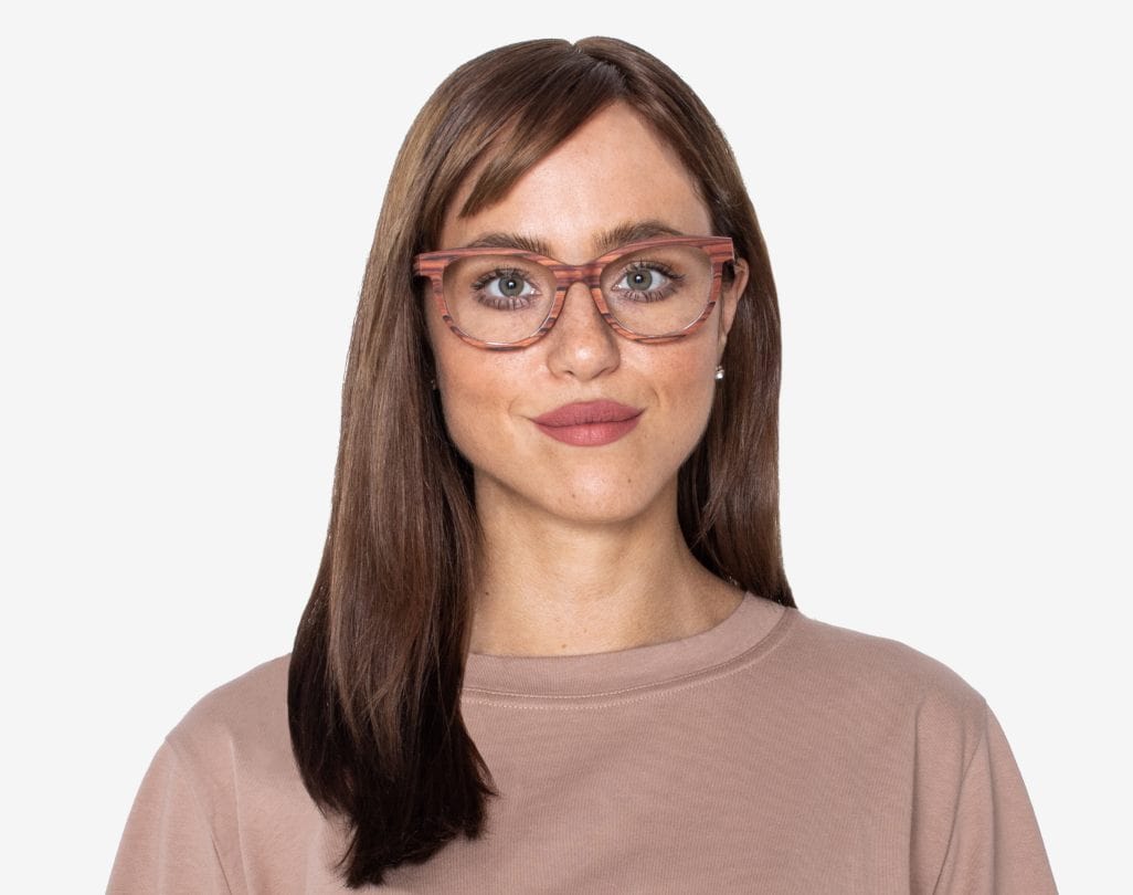 Woman wearing Charm Rose - Cat-Eye Eyeglasses made from Rose Wood