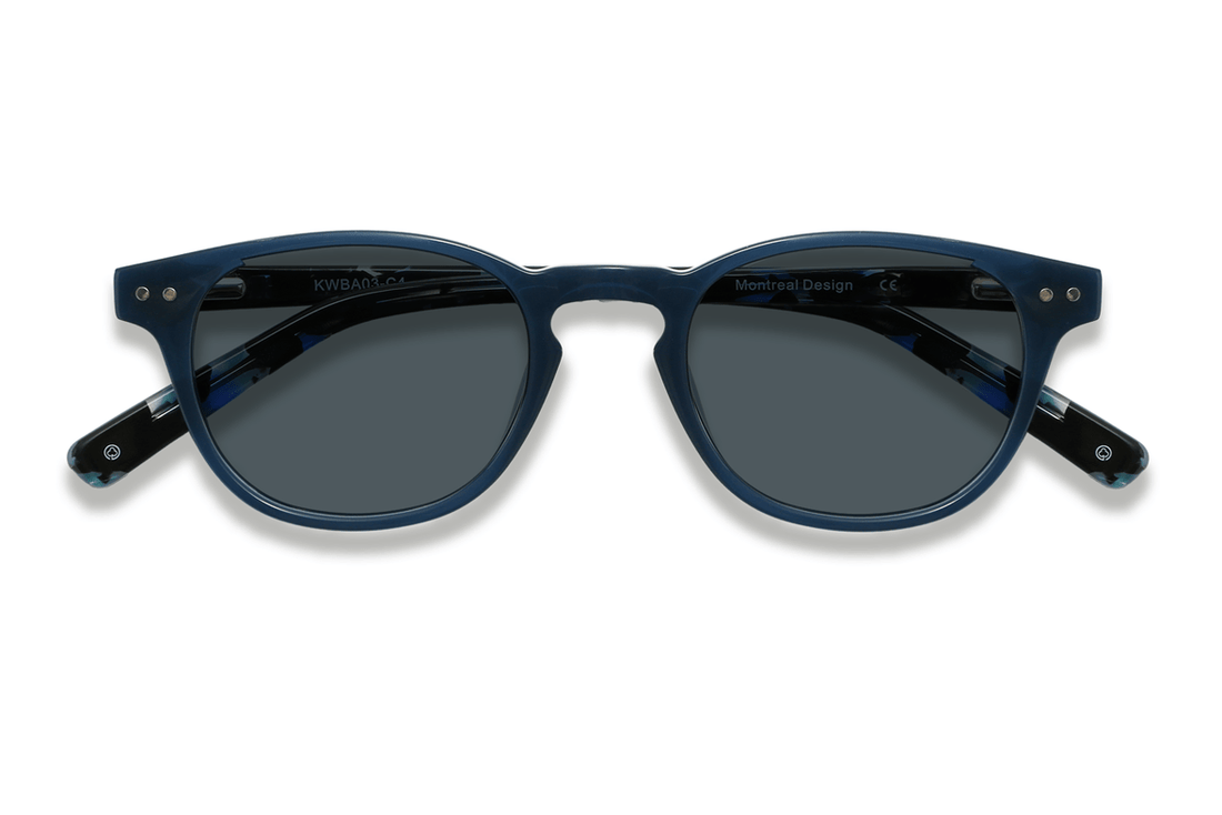 Dash Navy, Occhiali da sole retrò quadrati blu navy con stanghette in tartaruga - vista frontale piegata