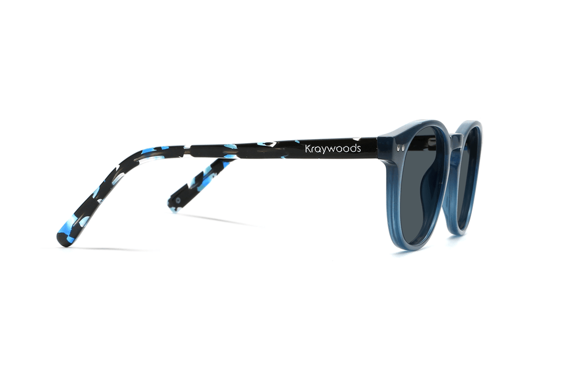 Dash Navy, Retro Vierkante Navy Blauwe Zonnebril met blauwe schildpad pootjes - zijaanzicht