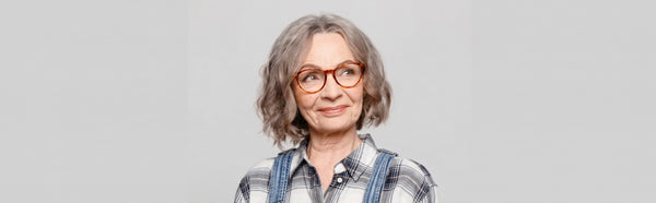 old lady wearing Kraywoods women's eyeglasses collection