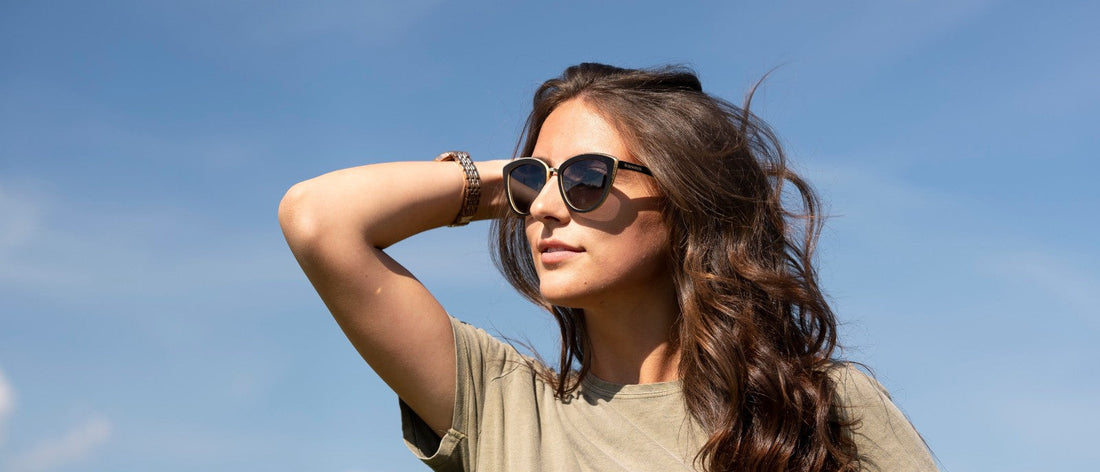 women wearing Willow from the Kraywoods sunglasses collection, on a sky background