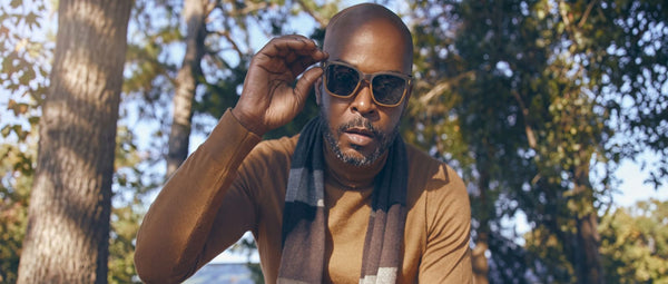 man wearing Kraywoods wooden sunglasses collection for men outdoors
