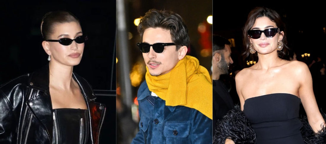 celebrities wearing sunglasses, hailey bieber, timothee chalamet and kylie jenner wearing black sunglasses