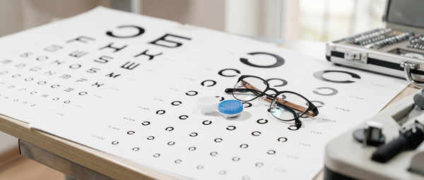 contacts and eyeglasses on an eye exam chart