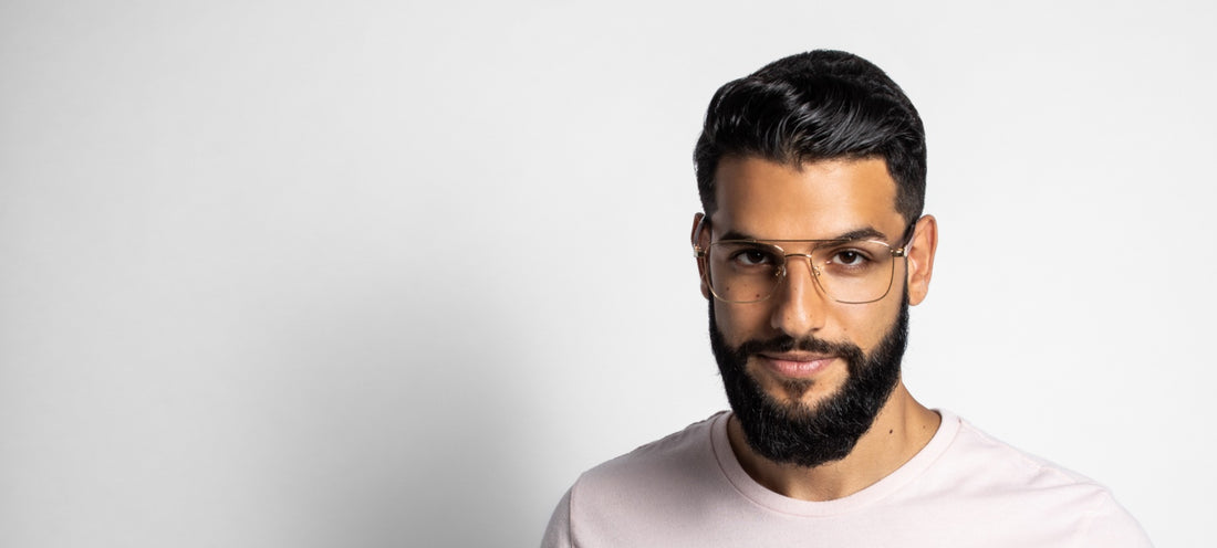 man wearing Kraywoods oblong face shape glasses collection on a white background