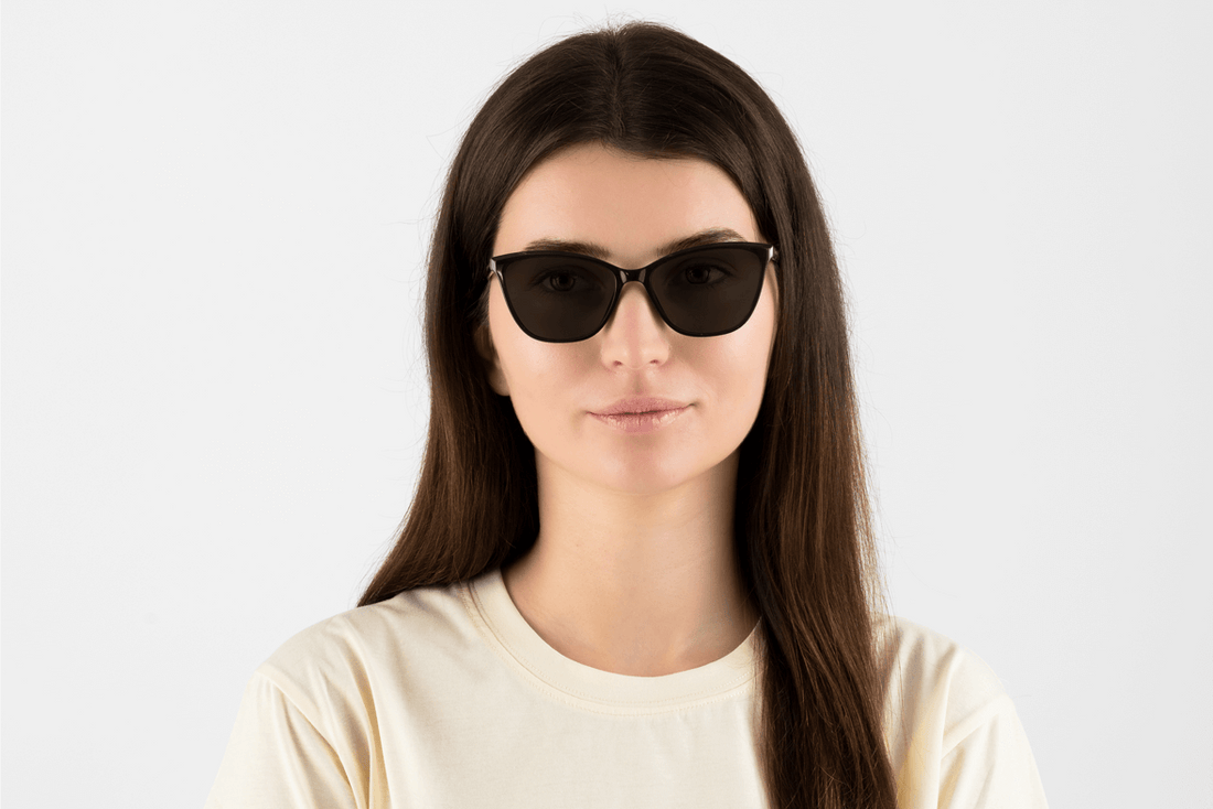 Woman wearing Allure Black, Cat Eye Black Acetate Glasses – front view