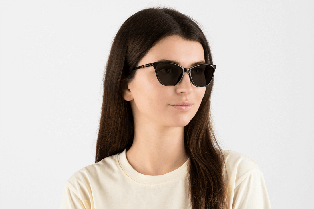 Woman wearing Allure Black, Cat Eye Black Acetate Glasses – side view