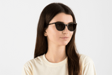 Woman wearing Allure Black, Cat Eye Black Acetate Glasses – side view