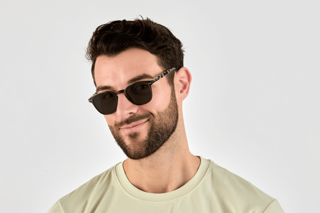 Man wearing Dare Black, Dare Black, Retro Square Black frames with tortoiseshell temples – Side view