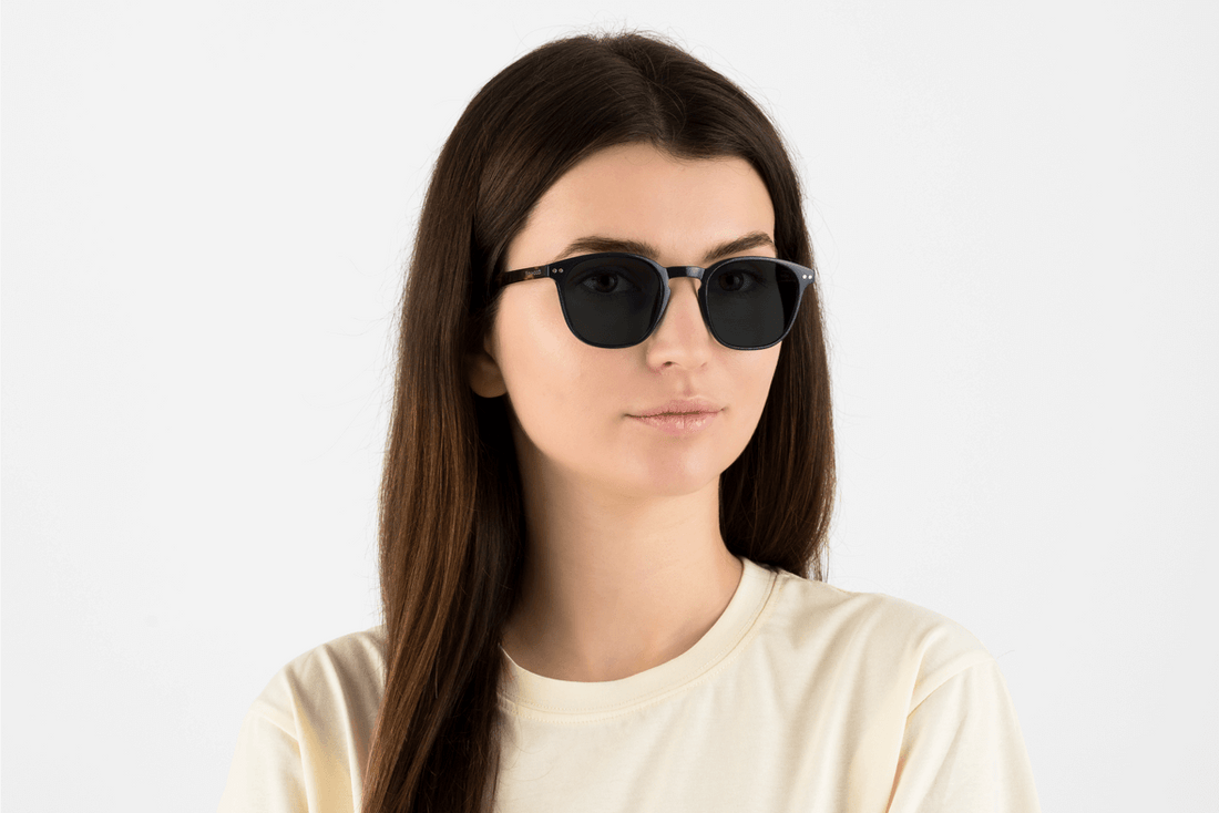 Woman wearing Dare Navy, Retro Square Navy Blue Acetate  – front view