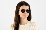 Woman wearing Dare Navy, Retro Square Navy Blue Acetate  – front view