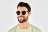 Man wearing Dare Navy, Retro Square Navy Blue Acetate Glasses – side view