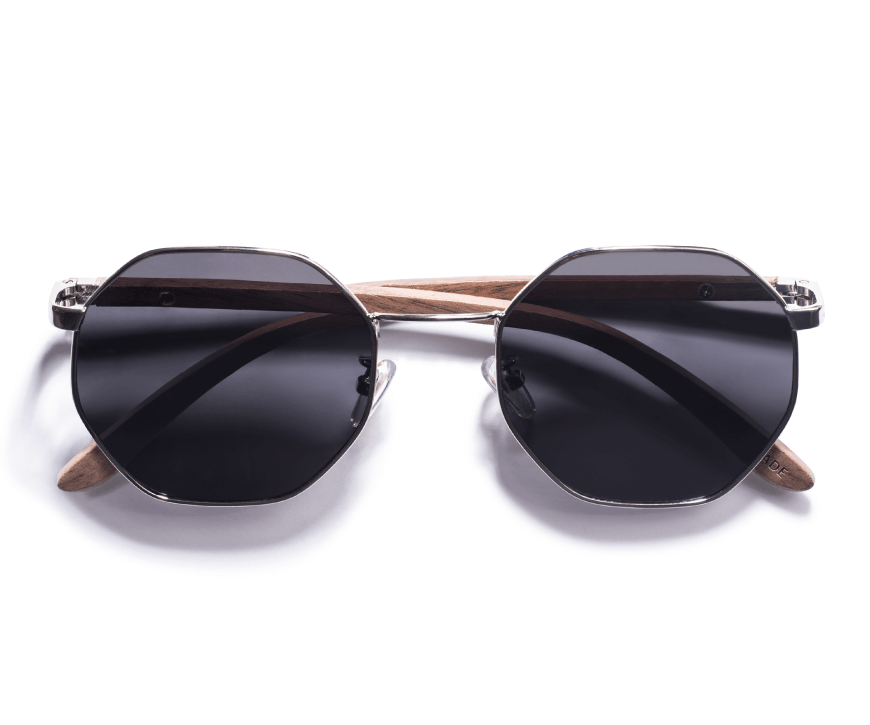 Kraywoods Aspen Silver, Silver Round Sunglasses made with Walnut wood and 100% UV Protection, Polarized Lenses