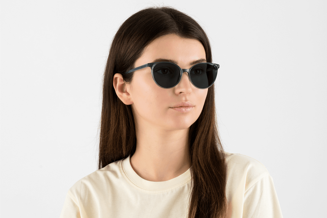 Woman wearing Felicity Blue, Oval Blue Turquoise Acetate Glasses - side view