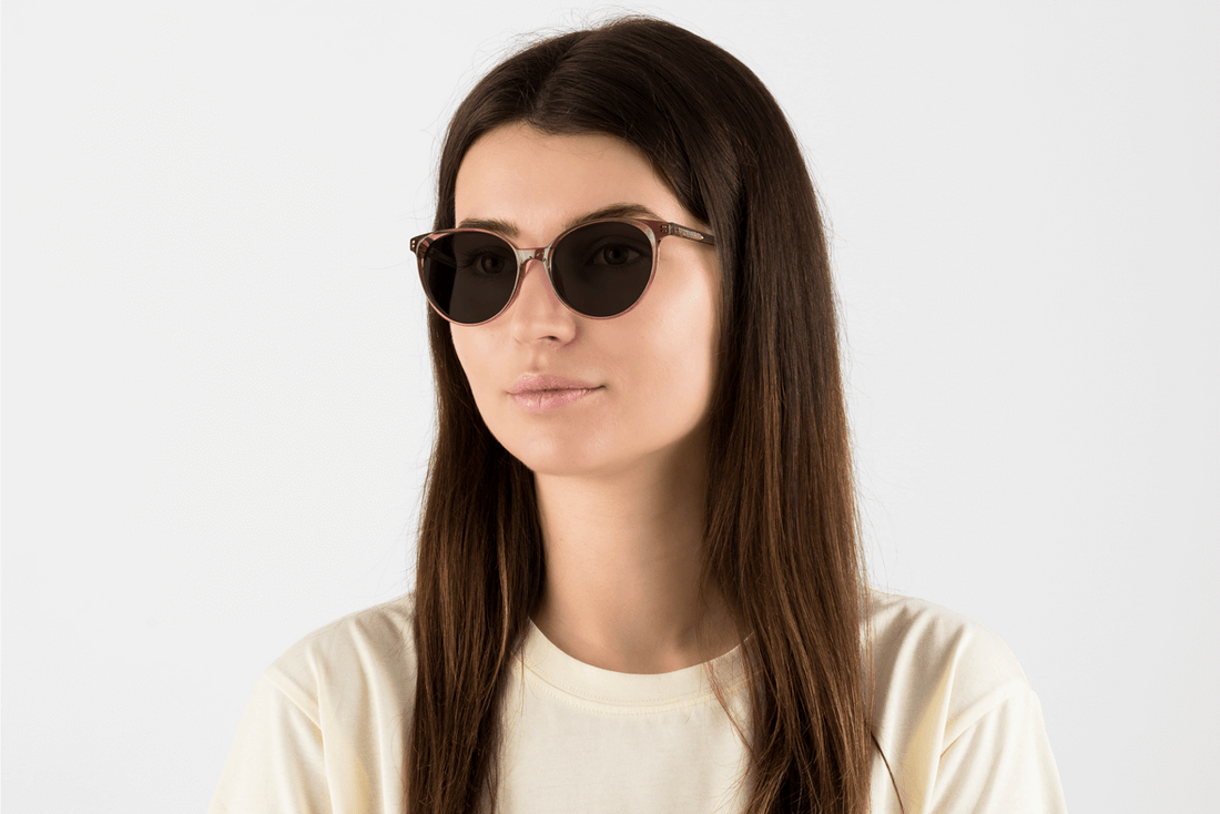 Woman wearing Felicity Pink, Oval Pink Acetate Glasses – side view