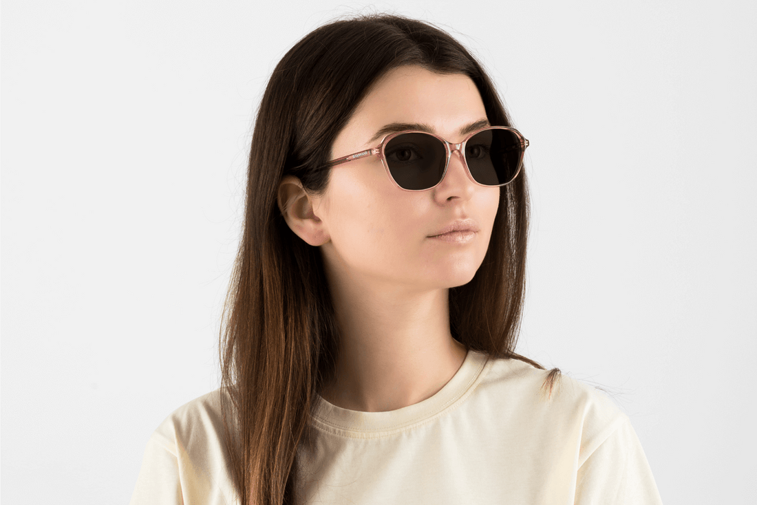 Woman wearing Glee Pink, Geometric Pink Acetate Glasses – side view