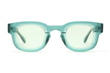 Juno Green Sunglasses, thick rounded square green sunglasses with yellow lens - front view on white background