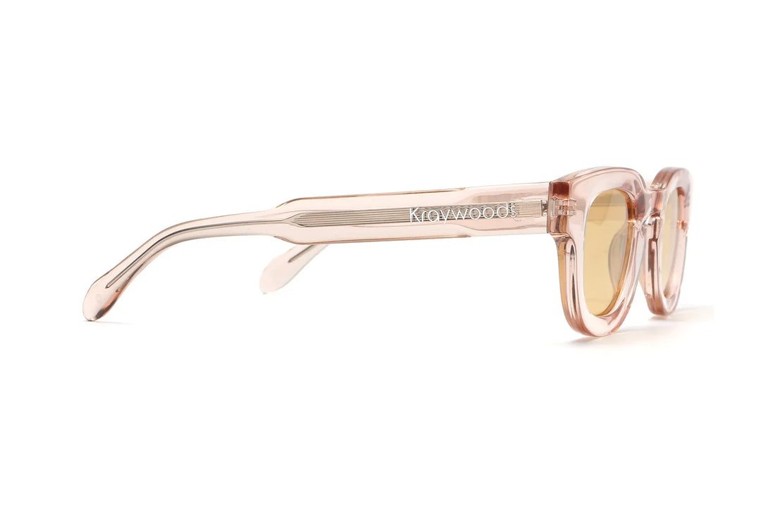 Juno Pink Sunglasses, thick rounded pink sunglasses with light pink lens - side view on white background