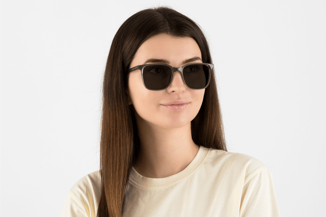 Woman wearing Marvel Grey, Oversized Square Grey Acetate Glasses - Side View