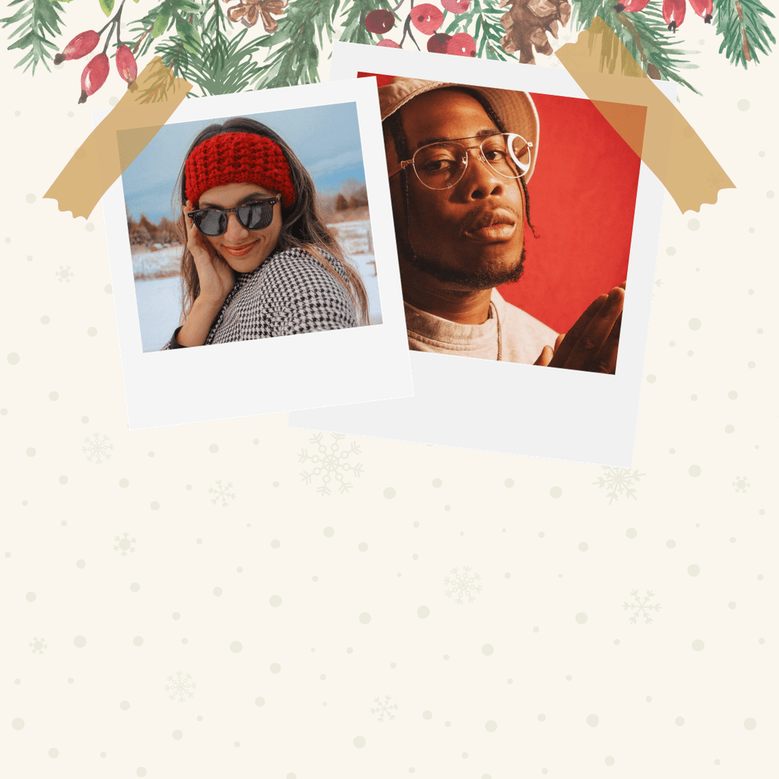 Holiday banner with two model images wearing Kraywoods' glasses
