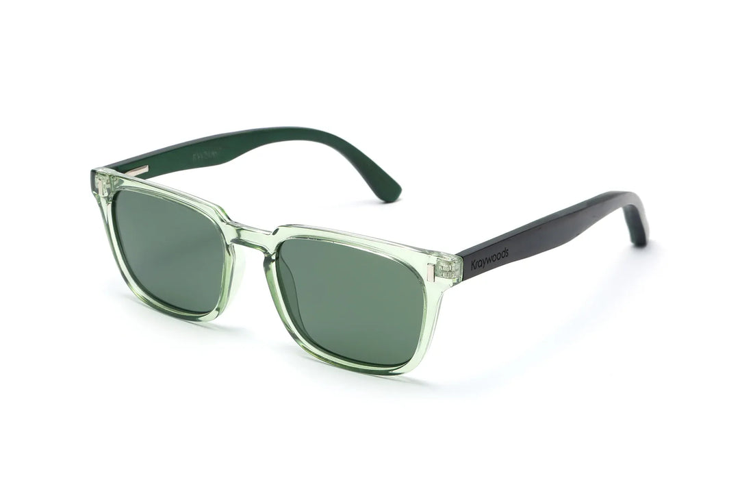 Oliver Sunglasses, translucent green square sunglasses with green polarized lens - Oblique view on white background