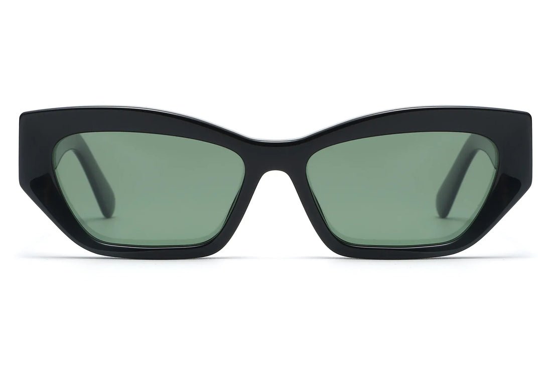 Riley Black Sunglasses, Black rectangular cat-eye sunglasses with green polarized lens - front view on white background