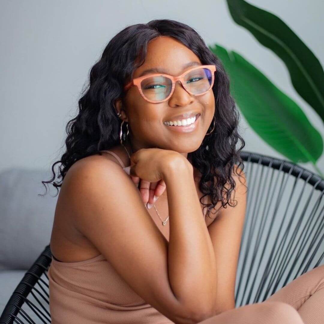 Woman wearing wood prescription glasses