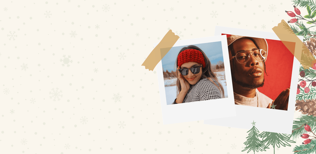 Holiday banner with two model images wearing Kraywoods' glasses