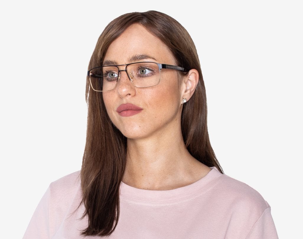 Woman wearing Euphoria Gold - Rectangle two-tone Eyeglasses in Black & Gold Metal