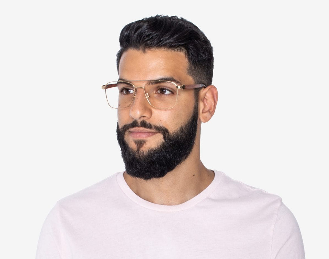 Man wearing Drive Gold - Retro Square Eyeglasses in Gold Metal