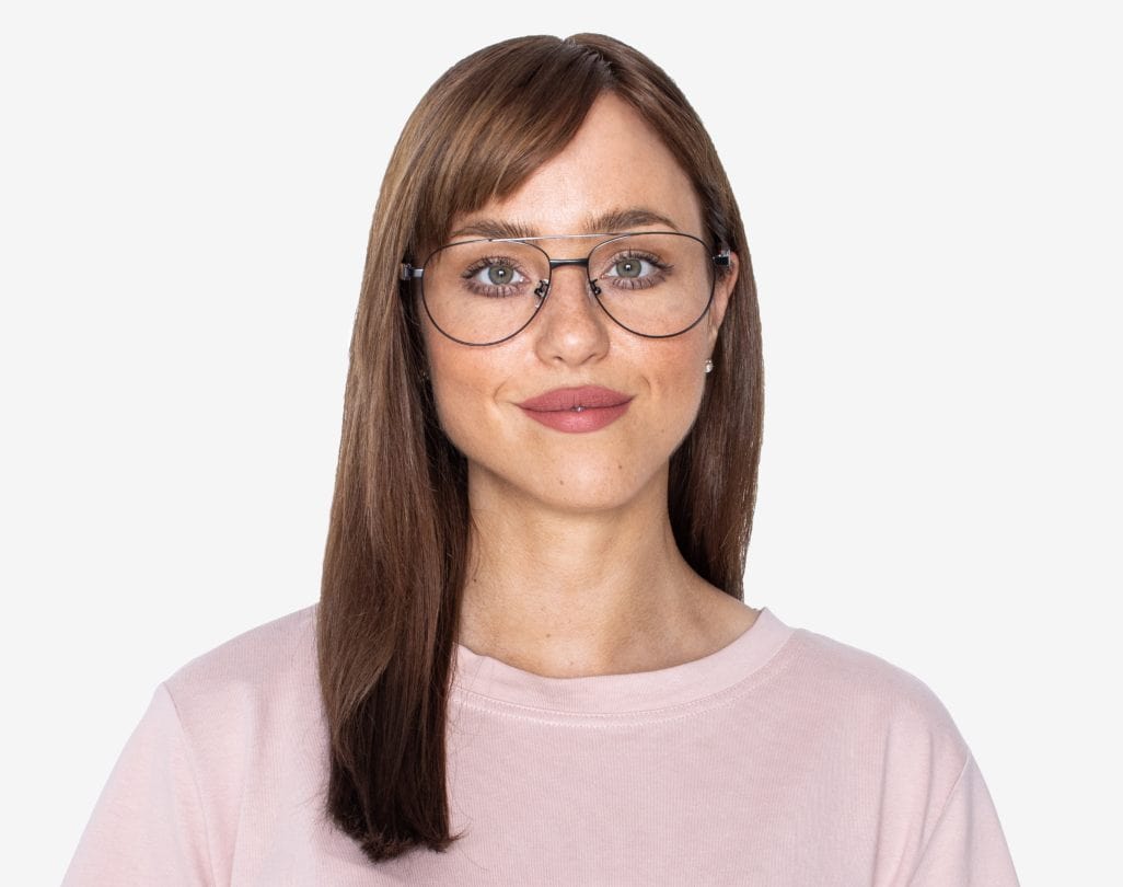 Woman wearing Purpose Black - Vintage Aviator Eyeglasses in Black Metal