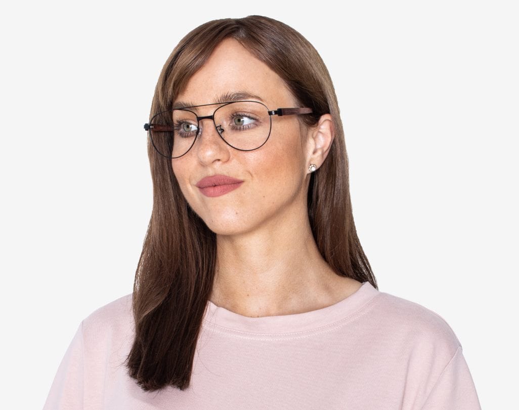 Woman wearing Purpose Black - Vintage Aviator Eyeglasses in Black Metal