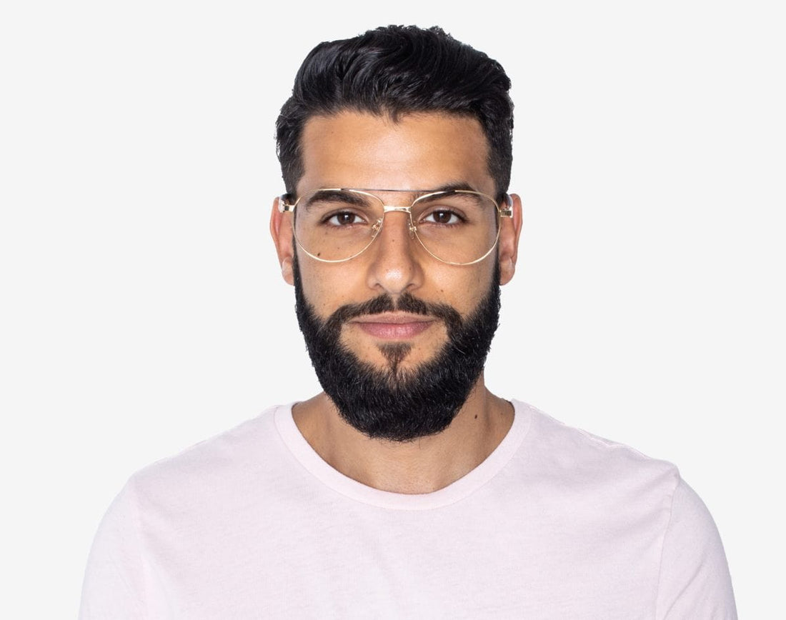 Man wearing Purpose Gold - Vintage Aviator Eyeglasses in Gold Metal