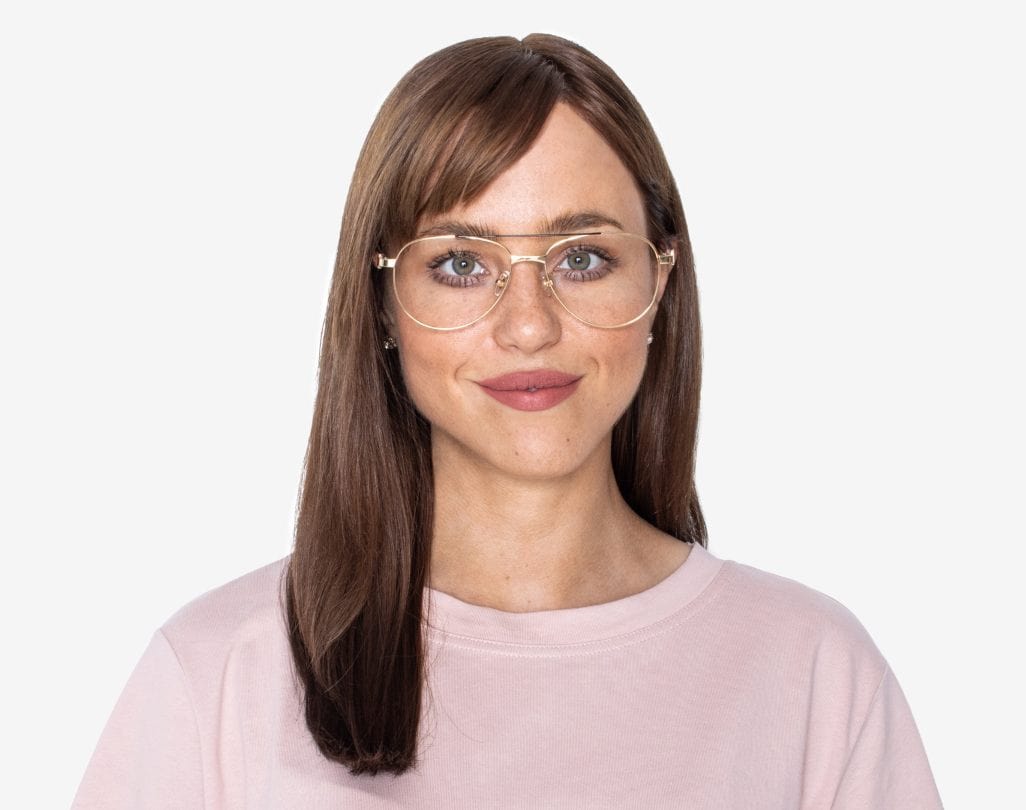 Woman wearing Purpose Gold - Vintage Aviator Eyeglasses in Gold Metal