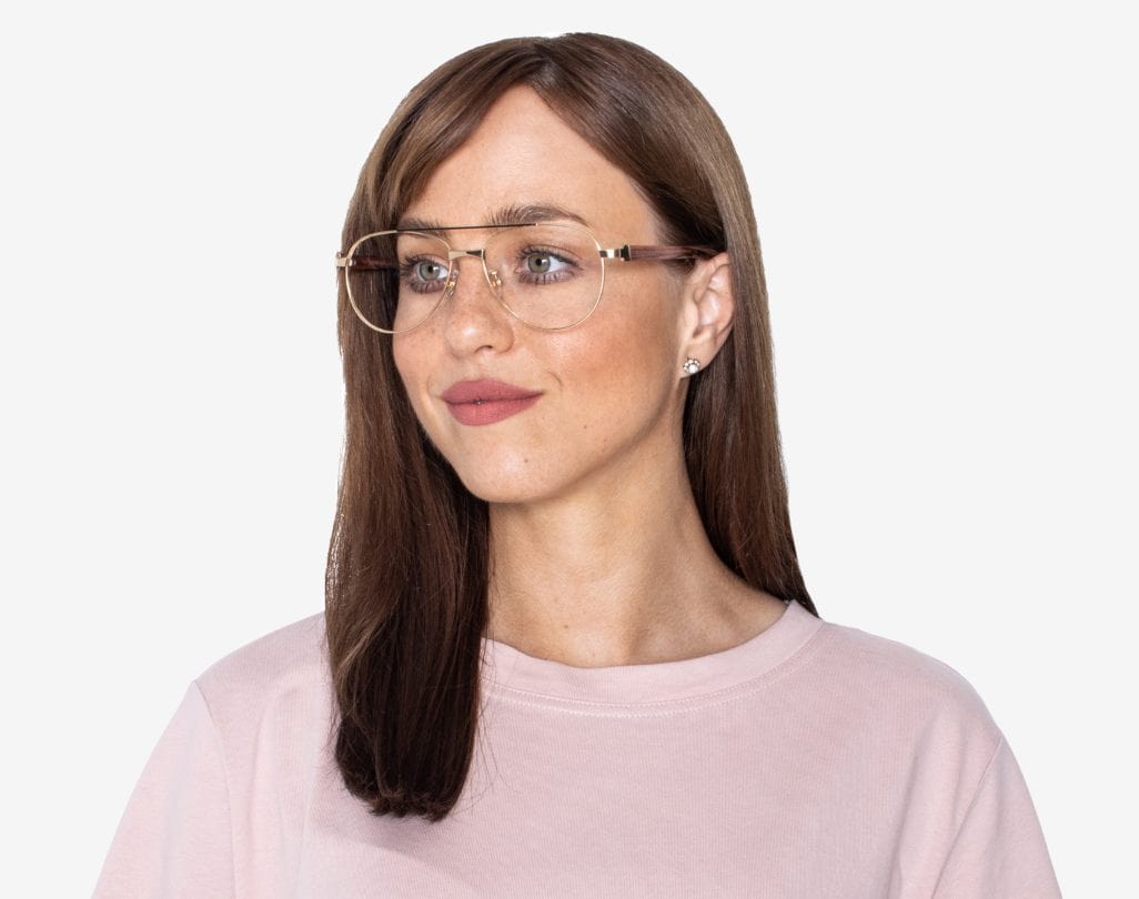 Woman wearing Purpose Gold - Vintage Aviator Eyeglasses in Gold Metal