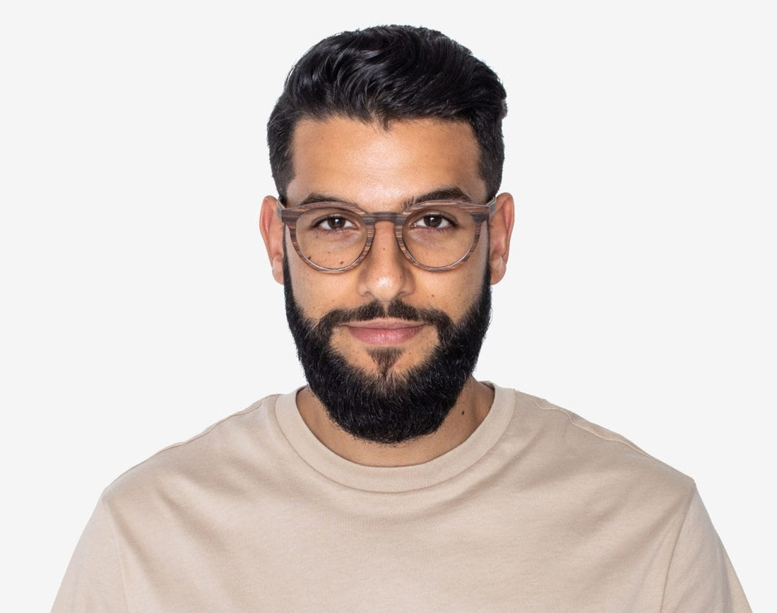 Man wearing Cheer Rose - Retro Round Eyeglasses made from Rose Wood