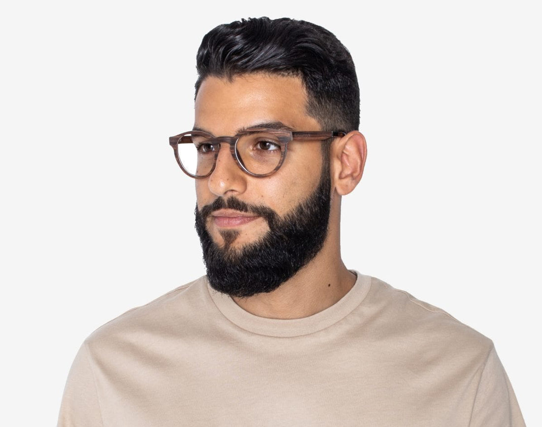 Man wearing Cheer Rose - Retro Round Eyeglasses made from Rose Wood