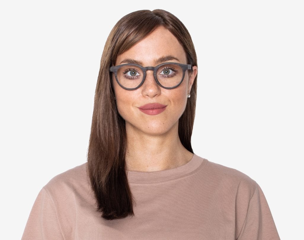 Woman wearing Cheer Black - Retro Round Eyeglasses made from Oak Wood