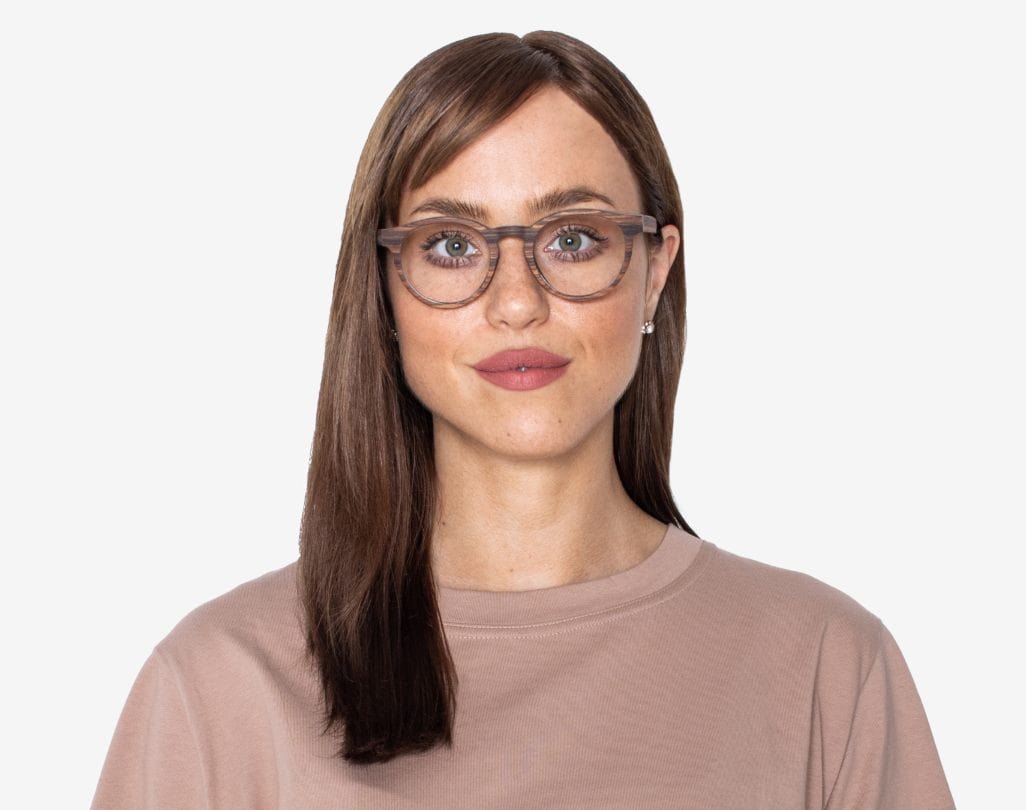 Woman wearing Cheer Rose - Retro Round Eyeglasses made from Rose Wood