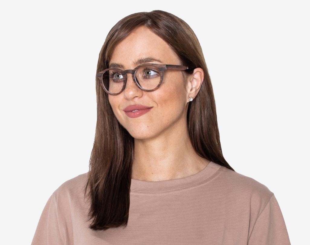 Woman wearing Cheer Rose - Retro Round Eyeglasses made from Rose Wood