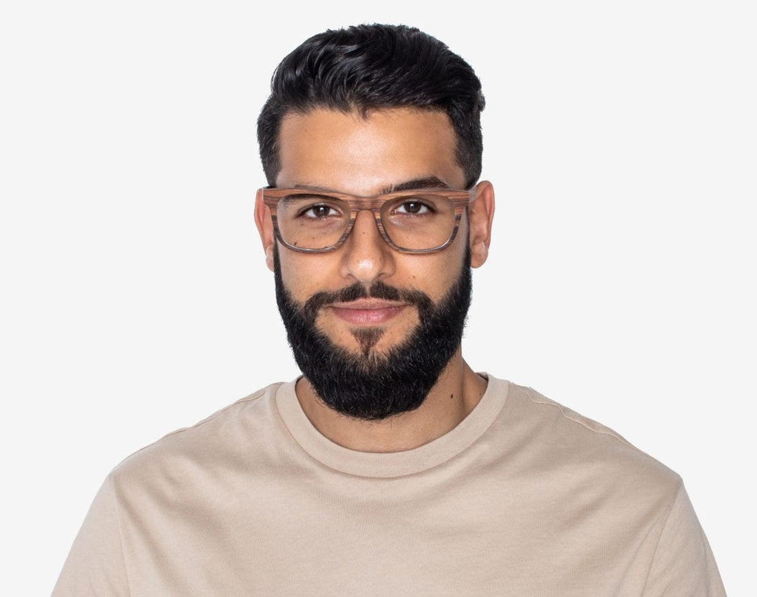 Man wearing Brave Rose - Square Eyeglasses made from Rose Wood