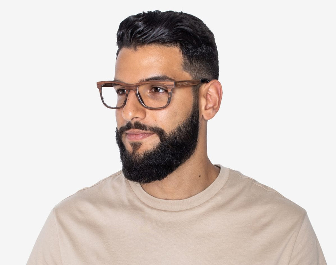 Man wering Brave Rose - Square Eyeglasses made from Rose Wood