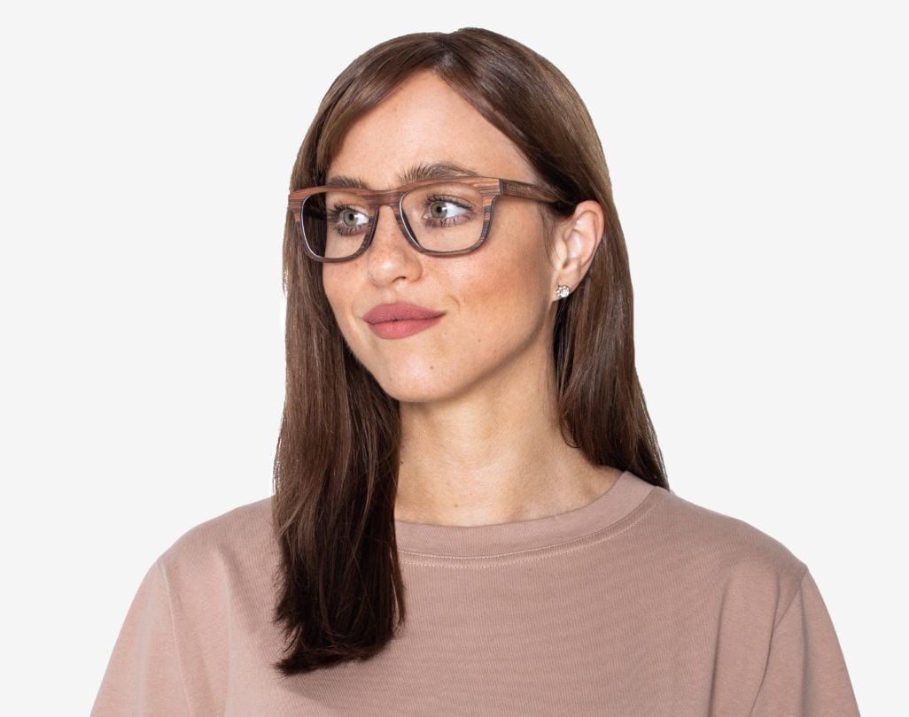 Woman wearing Brave Rose - Square Eyeglasses made from Rose Wood