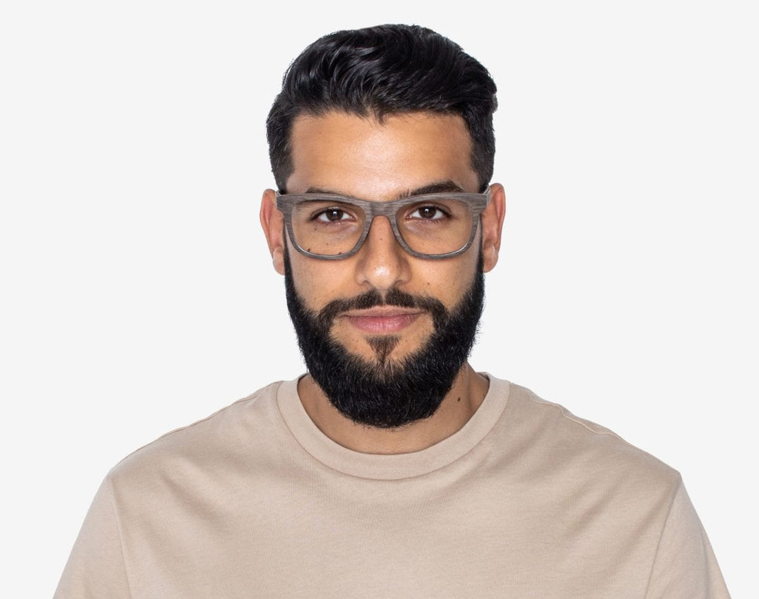 Man wearing Brave Brown - Square Eyeglasses made from Walnut Wood