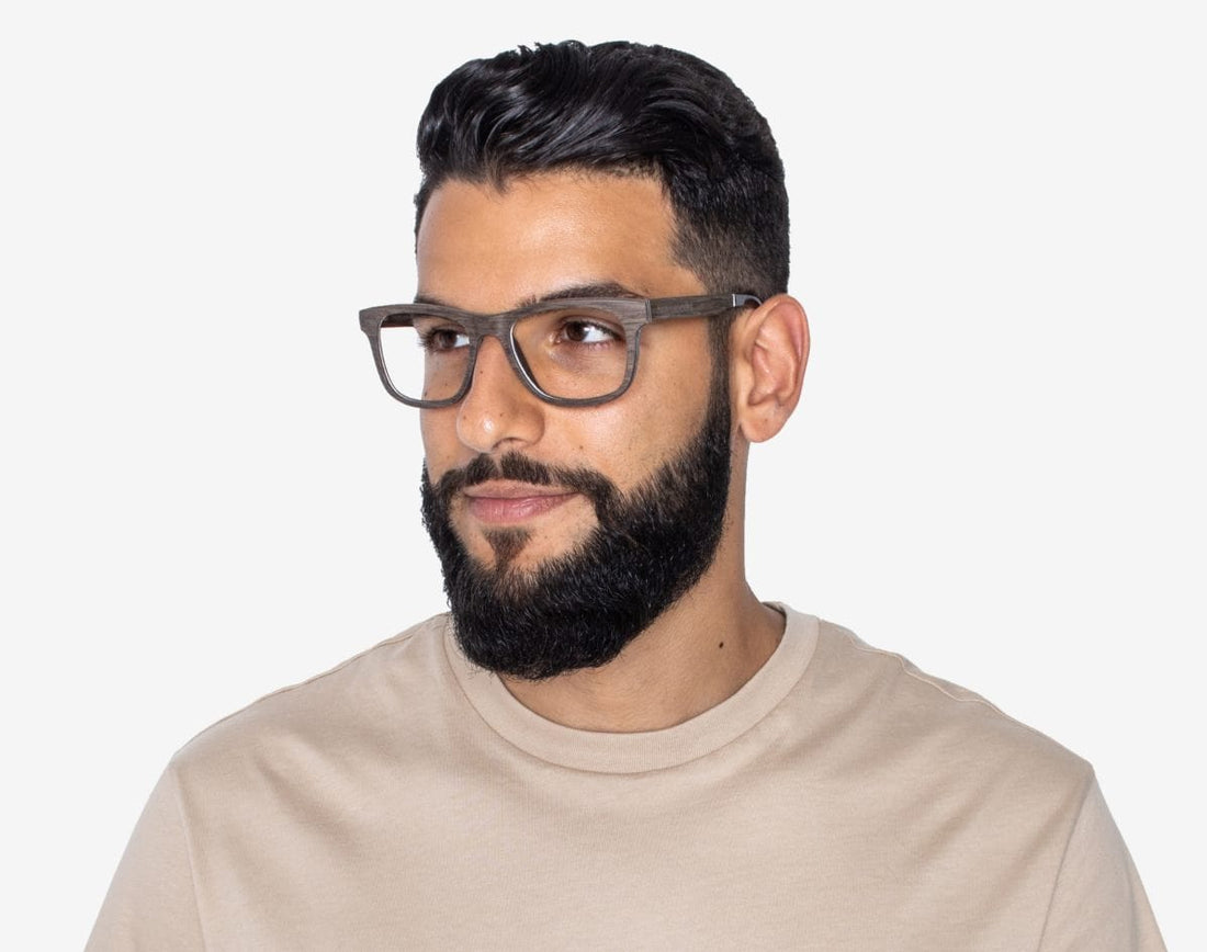 Man wearing Brave Brown - Square Eyeglasses made from Walnut Wood