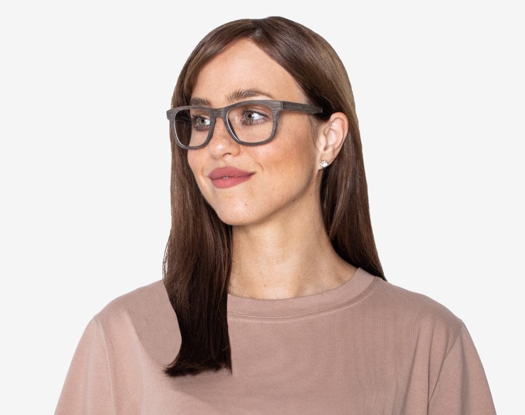 Woman wearing Brave Brown - Square Eyeglasses made from Walnut Wood